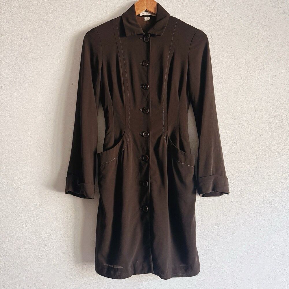 70s vintage brown wool long sleeve midi dress
